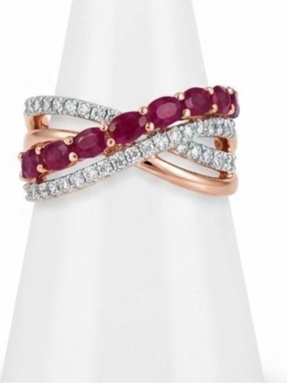 Rose Gold Ruby and Diamond Crossover Ring Stamped 925  Size 10